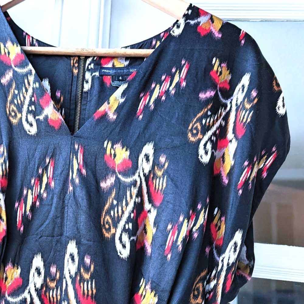 French Connection Silk Dress. Black with Colourful Print. Sz 4.